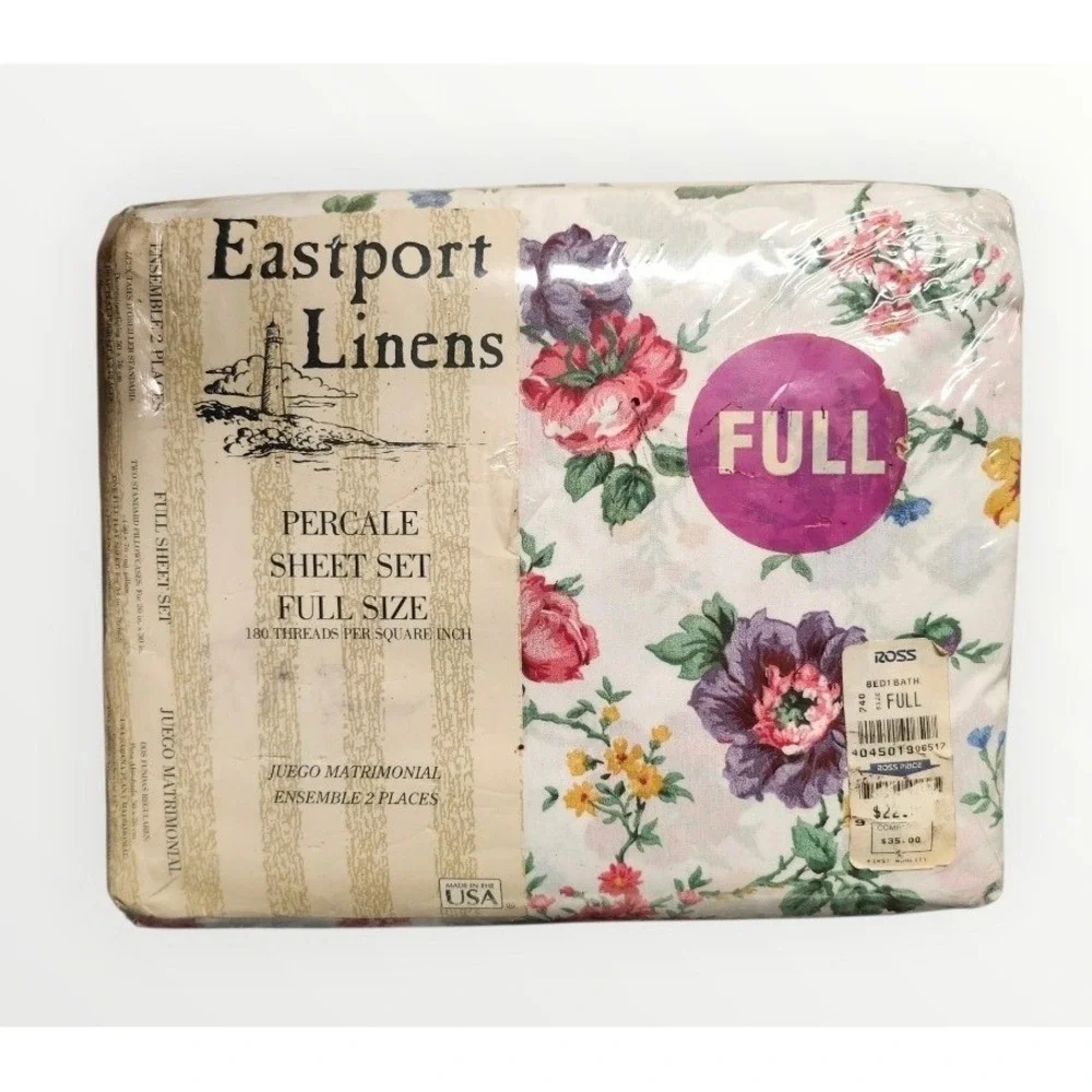 Vintage Eastport Linens Full Sheet Set Floral Summer Blossoms Percale 4pc USA